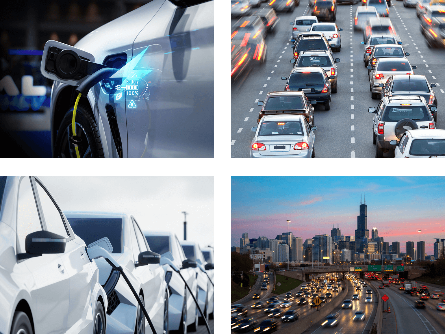 Photo Grid: Close up of a EV cars and traffic cars.