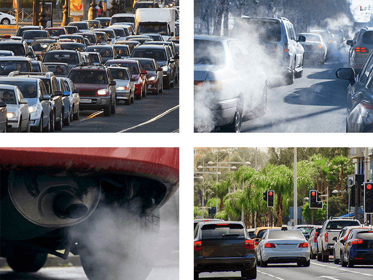 Photo Grid: Cars stuck in traffic and close up of exhaust coming from tailpipes
